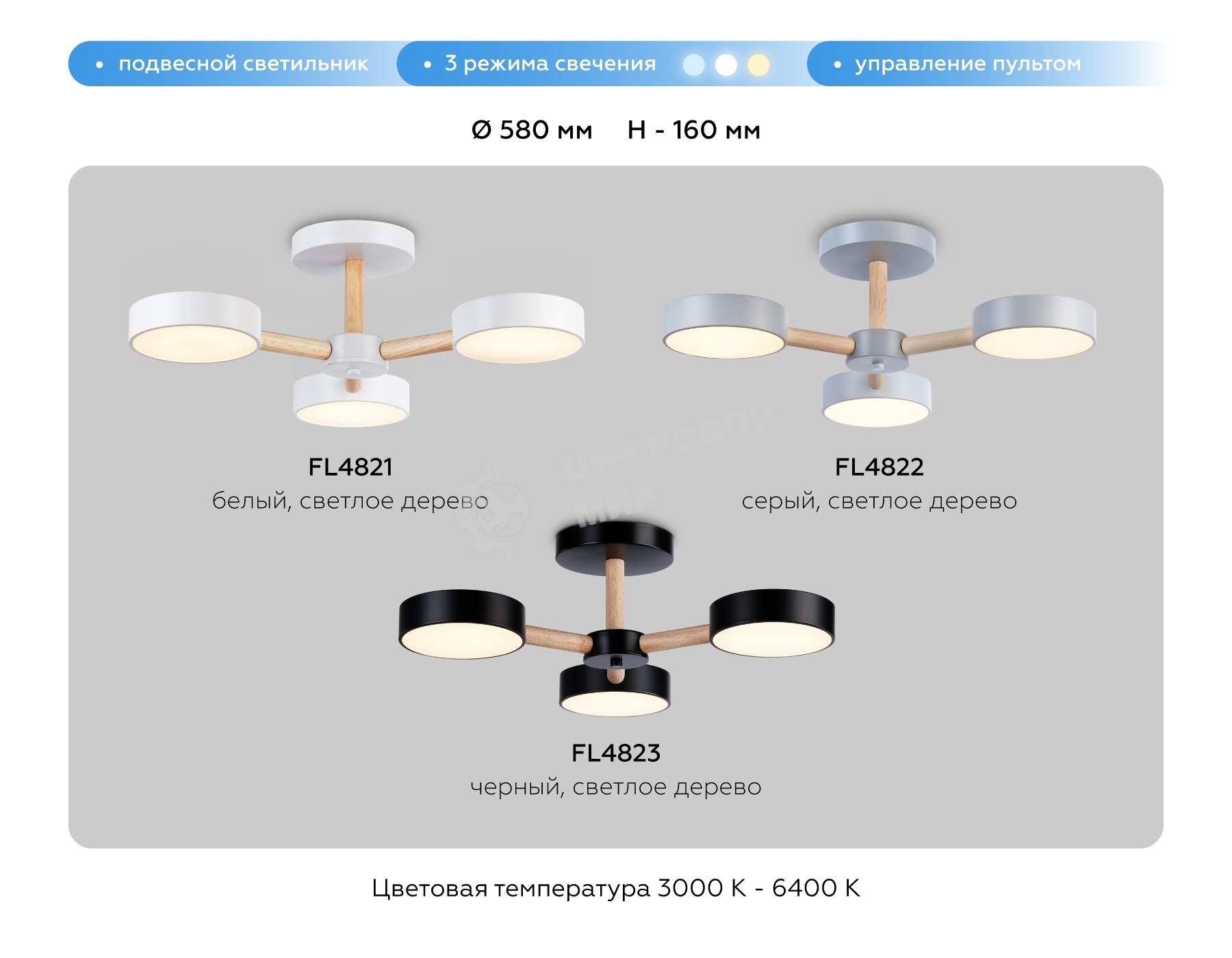 Светильник Ambrella light FL4822/3 GR серый 3000K-6400K 40W D580*160 (ПДУ ИК)
