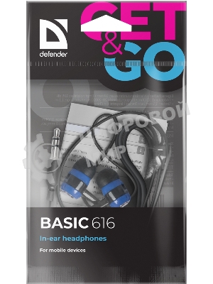 Проводные наушники Defender Basic 616 черный/синий, внутриканальные, Jack 3.5 мм