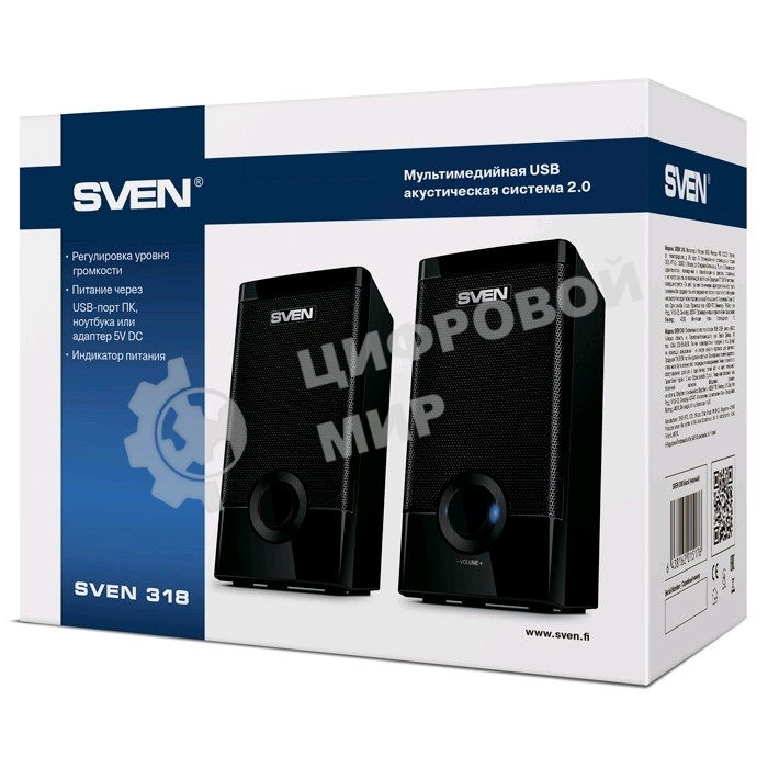 Колонки Sven 318 черный USB-порт ПК, ноутбука или адаптер 5V DC