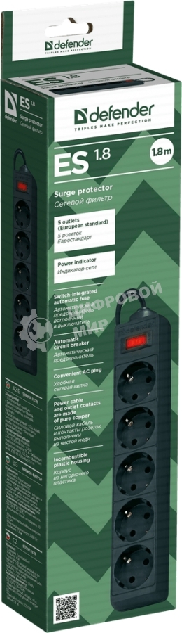Сетевой фильтр Defender ES, 1.8 м, 5 розеток, черный