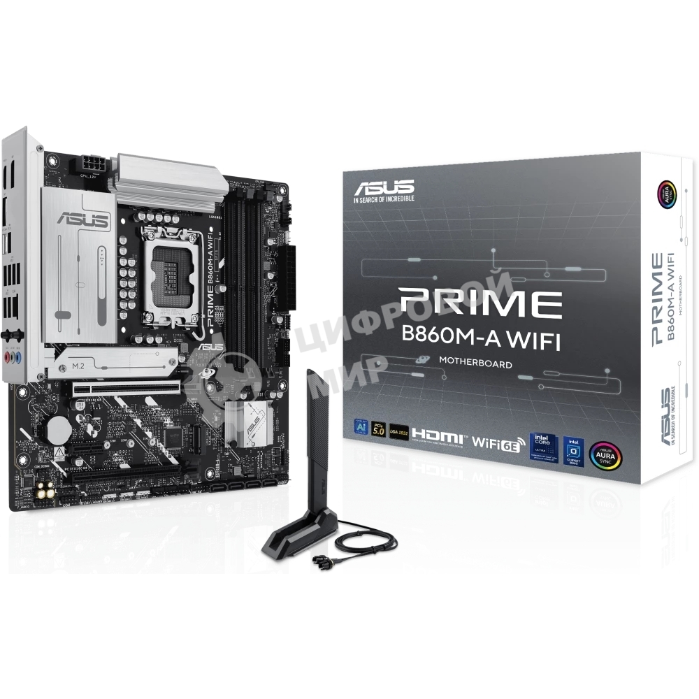Материнская плата ASUS PRIME B860M-A WIFI, LGA 1851, Intel B860, 4xDDR5, 4xSATA, 2xM.2, 1xPCIe 5.0 x16, 1xPCIe 4.0 x16, 1xPCIe 4.0 x1, 2xDP, 1xHDMI, 1x 2.5Gb LAN, 1xUSB-C 20Gbps, 1xUSB-A 10Gbps, 2xUSB-A 5Gbps, 4xUSB-A 2.0, 3x3.5 мм, 7.1, micro-ATX.
