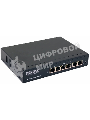 Коммутатор Osnovo SW-20600(80W) PoE коммутатор 6 портов, 4 PoE порта 10/100 Base-T, 2*10/100 Base-T Uplink, до 30W на порт, суммарно до 80W