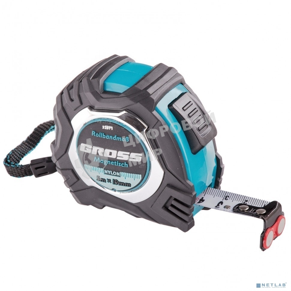 Рулетка Gross Magnetisch, 5 м х 19мм, обрезин. корпус, автоматич. фиксация, нейлон. покр., магн. зацеп