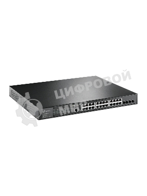 Коммутатор TP-Link 24-port Gigabit Managed PoE switch with 4 10G SFP+ ports, support 802.3af/at PoE, 1 console port, 19-inch rack mount, support L2/L2+ features.
