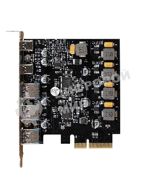 Контроллер ExeGate EXE-313-3A2C (PCI-E x4 v3.0, USB3.2 Gen2 3xType-A + 2xType-C ext., SuperSpeed+ скорость до 10 Gbит/с, разъем доп.питания, ASMedia Chipset ASM3142)
