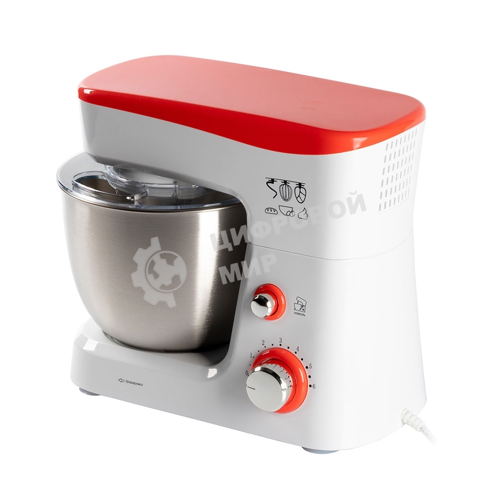 Миксер стационарный Endever Sigma-25, 1000 Вт., планетарный, многофункциональный, стальная чаша 3,5 л., регулировка скорости, белый/красный