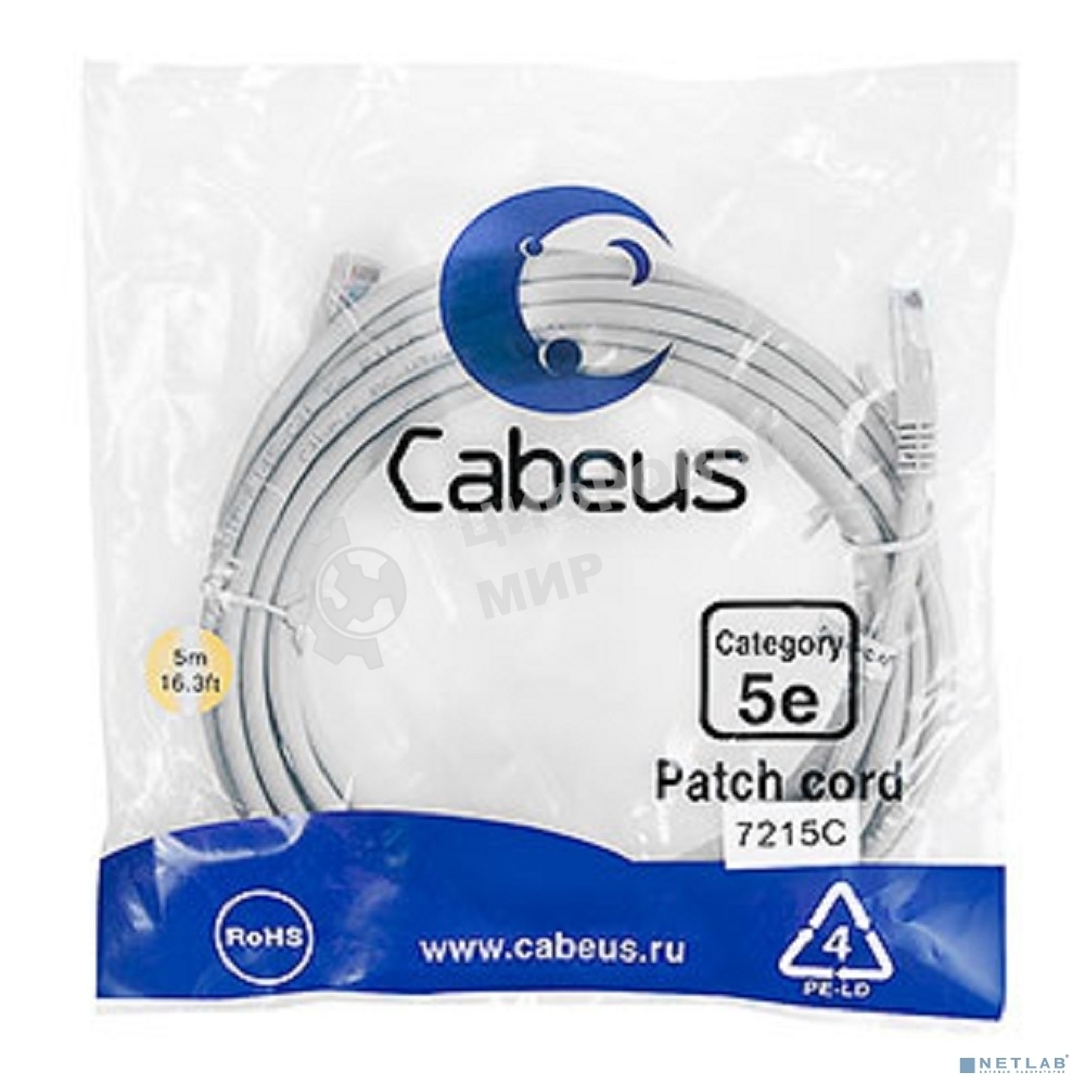 Патч-корд Cabeus PC-UTP-RJ45-Cat.5e-5m U/UTP, cat.5е, 2xRJ45/8p8c, неэкранированный, серый, PVC, 5м