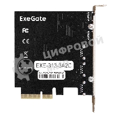Контроллер ExeGate EXE-313-3A2C (PCI-E x4 v3.0, USB3.2 Gen2 3xType-A + 2xType-C ext., SuperSpeed+ скорость до 10 Gbит/с, разъем доп.питания, ASMedia Chipset ASM3142)