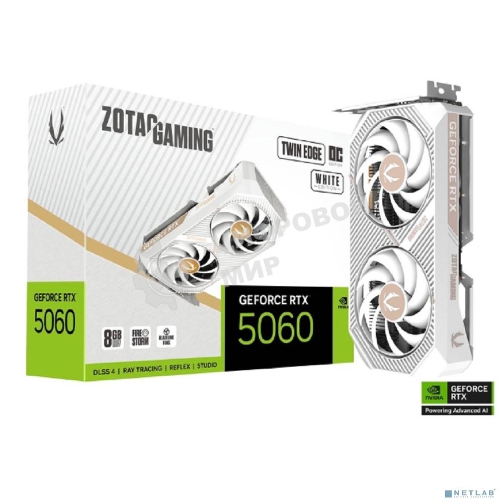 Видеокарта Zotac PCI-E 5.0 RTX 5060 TWIN EDGE OC WHITE ED NVIDIA GeForce RTX 5060 8Gb 128bit GDDR7 2527/28000 HDMIx1 DPx3 HDCP Ret белый