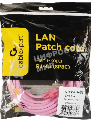 Патч-корд UTP Cablexpert cat.5e, 5м, литой, многожильный, розовый