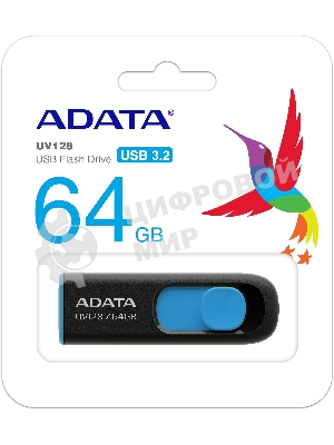 Флешка USB ADATA UV128 (AUV128-64G-RBE), 64Gb, USB 3.0, R/W 100/30, черный/синий