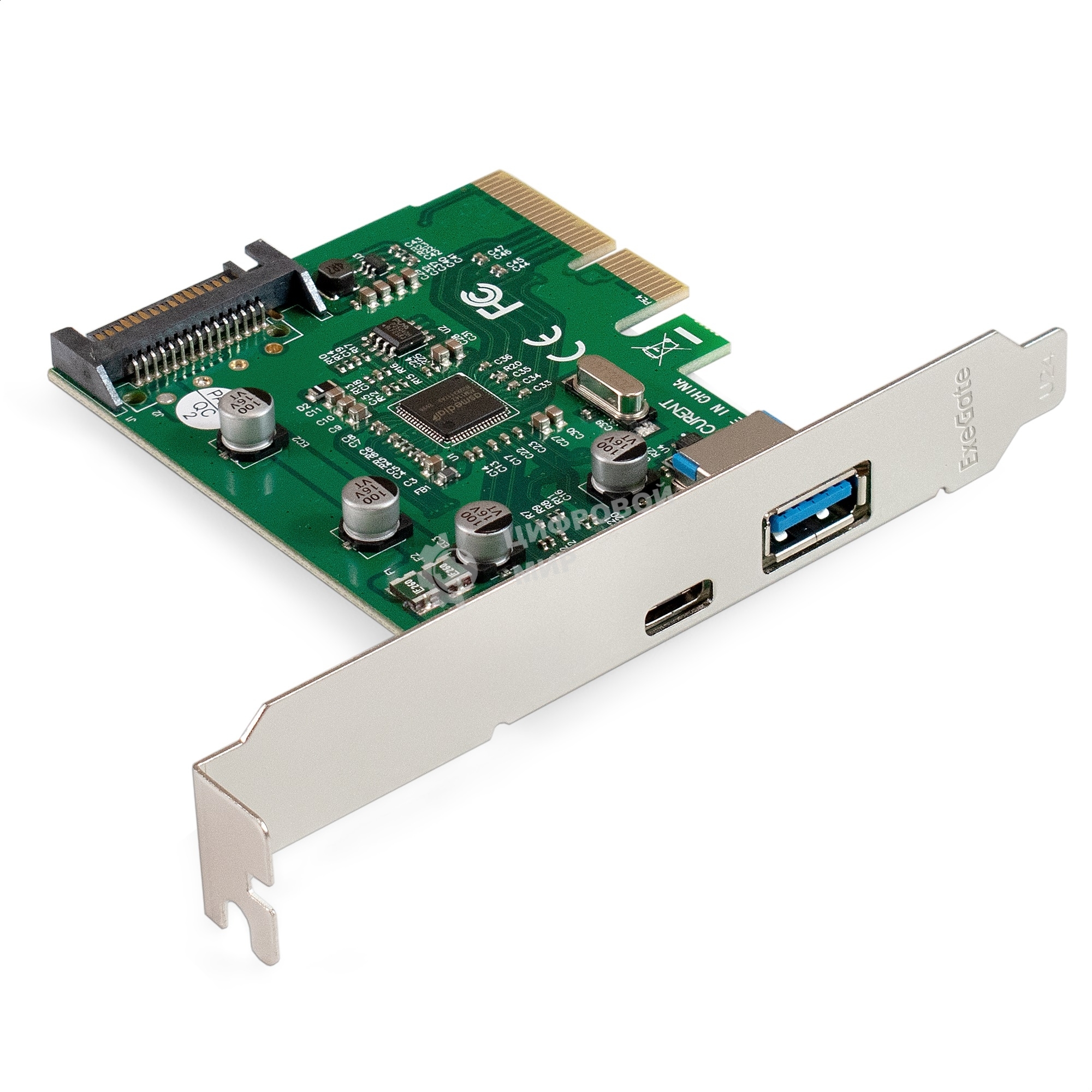 Контроллер ExeGate EXE-320-1A1C (PCI-E x4 v3.0, USB3.2 Gen2 1xType-A + 1xType-C ext., SuperSpeed+ скорость до 10 Гбит/с, разъем доп.питания, ASMedia Chipset ASM1142)