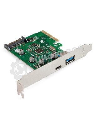 Контроллер ExeGate EXE-320-1A1C (PCI-E x4 v3.0, USB3.2 Gen2 1xType-A + 1xType-C ext., SuperSpeed+ скорость до 10 Гбит/с, разъем доп.питания, ASMedia Chipset ASM1142)