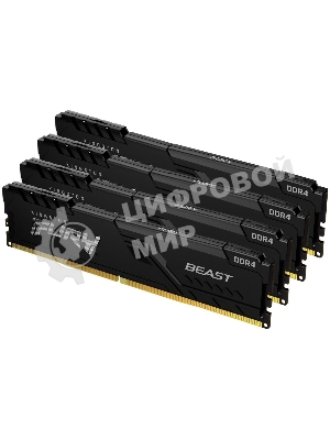 Оперативная память Kingston Fury Beast, DDR4, 64GB (4x16GB), 3200MHz, CL16, DIMM, радиатор, черный