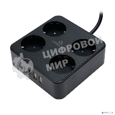 Сетевой фильтр Cablexpert Plate, PLT-4-C2U2-B-3, 4р, 10А, 2xType-C PD, 20Вт, 2xUSB, 2.4A, 3 м, ур. защиты 4+, черный, коробка