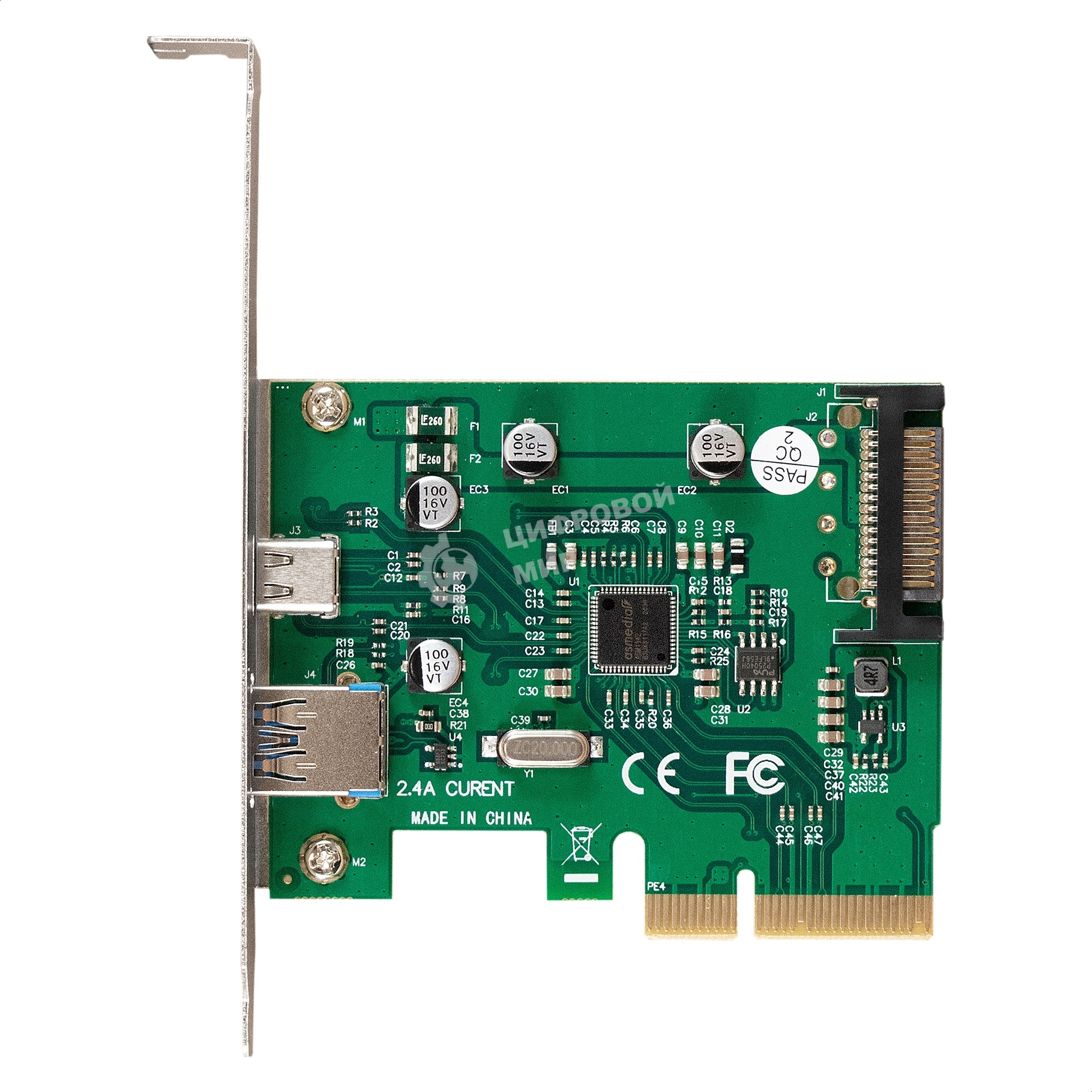 Контроллер ExeGate EXE-320-1A1C (PCI-E x4 v3.0, USB3.2 Gen2 1xType-A + 1xType-C ext., SuperSpeed+ скорость до 10 Гбит/с, разъем доп.питания, ASMedia Chipset ASM1142)