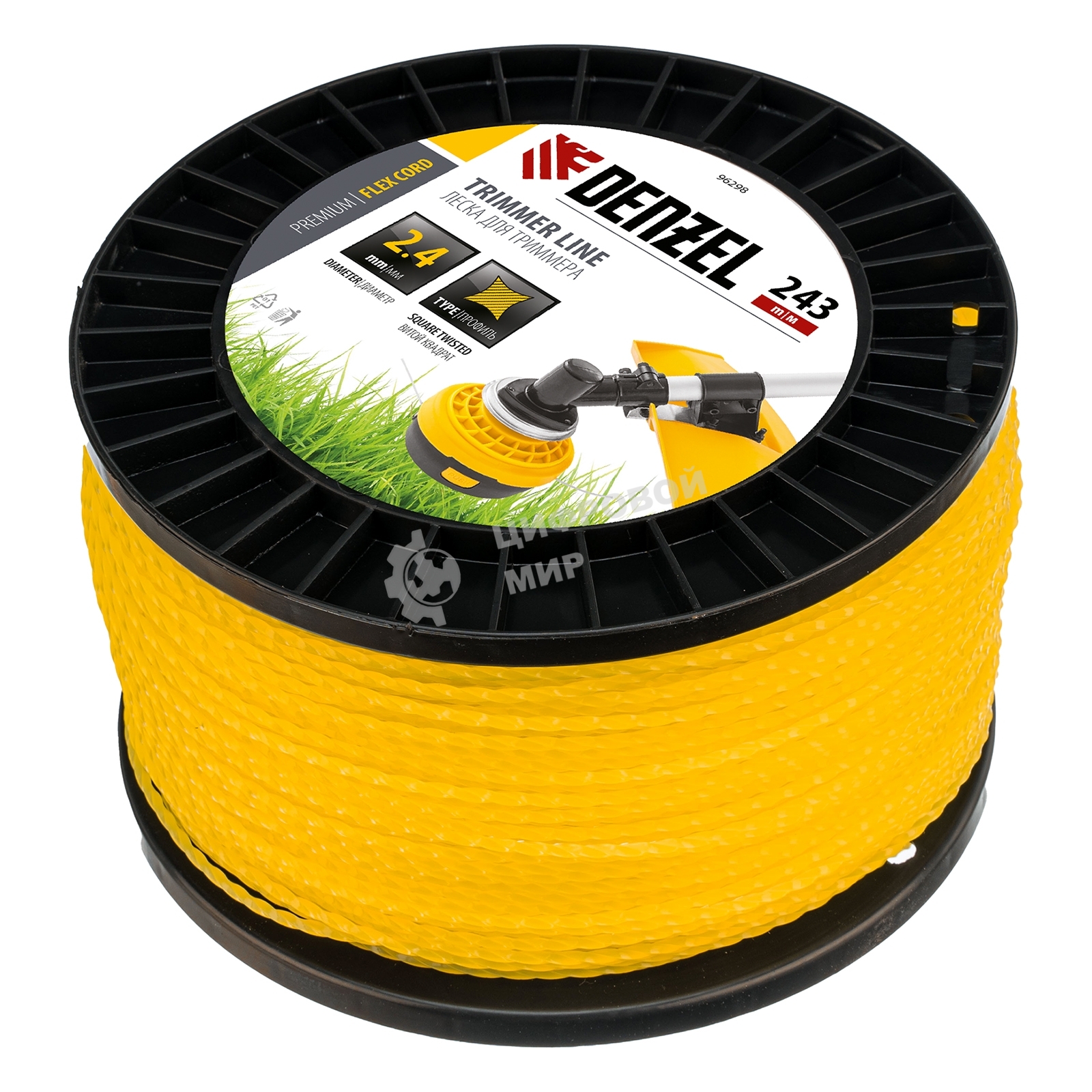 Леска для триммера Denzel витой квадрат, 2,4мм х 243м, на DIN катушке FLEX CORD