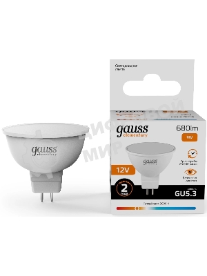 Лампа светодиодная Gauss Elementary 9Вт цок.: GU5.3 софит 12B св. свеч. теп. св./дневн.