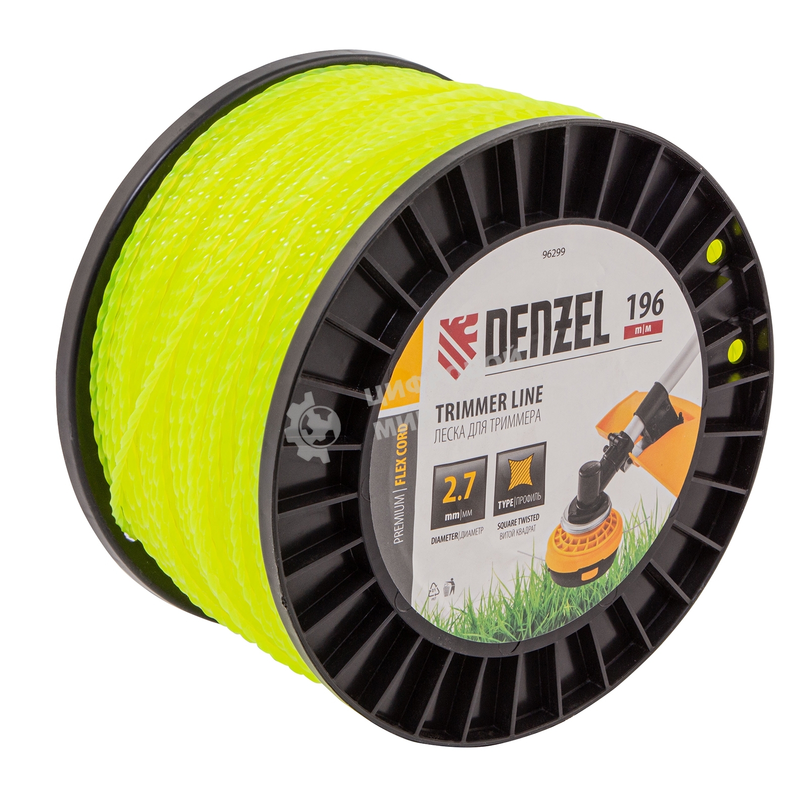Леска для триммера Denzel витой квадрат, 2,7мм х 196м, на DIN катушке FLEX CORD