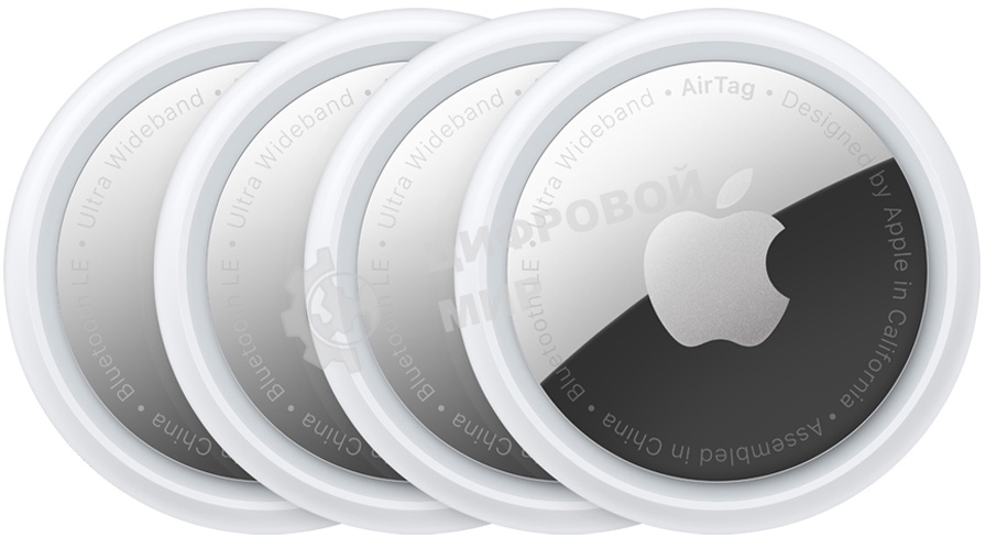 Трекер Apple AirTag, IP67, Bluetooth, NFC, Accelerometer, Speaker, CR2032 bat., d-31.9 mm, h-8 mm, 11 g - (4 Pack)