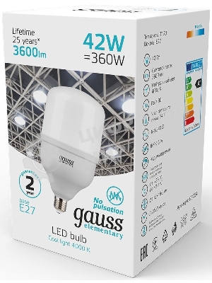 Лампа светодиодная Gauss Elementary T120 42Вт цок.:E27 цилин. 220B 3600K св.свеч.белый нейт. (упак.:1шт)