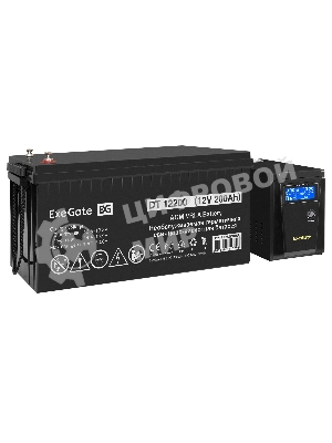 Комплект источника бесперебойного питания Exegate EX295986RUS + батарея 200Aч EX282991RUS 1шт (инвертор, синус, для котла) ExeGate SineTower SZ-600.LCD.AVR.1SH <600VA/360W, чистый синусоида, LCD дисплей, AVR, 1*Schuko, линейно-интерактивный, Black> + батарея ExeGate DT 12200 (12В, 200Ач) 1шт