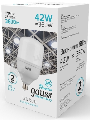 Лампа светодиодная Gauss Elementary T120 42Вт цок.:E27 цилин. 220B 3600K св.свеч.белый нейт. (упак.:1шт)