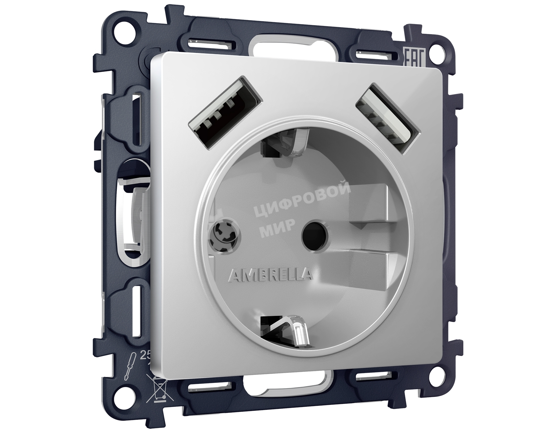 Комплект механизма электрической розетки ALFA Серебро глянец 2USB A+A 18W (быстрая зарядка) с/з QUANT (AP4090, VM155) MA409010