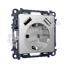 Комплект механизма электрической розетки ALFA Серебро глянец 2USB A+A 18W (быстрая зарядка) с/з QUANT (AP4090, VM155) MA409010