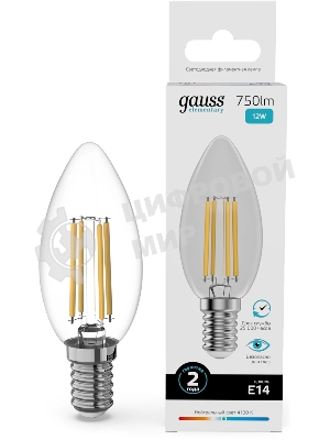 Лампа светодиодная филаментная Gauss Filament 12Вт цок.:E14 свеча св.свеч.бел.нейт. (упак.:10шт)