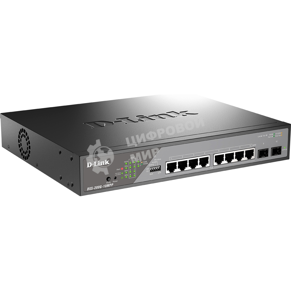 Коммутатор сетевой Smart L2 Surveillance Switch 8х1000Base-T PoE 802.3bt 90W, 2x1000Base-X SFP, PoE Budget 242W, Long-range PoE up to 250m