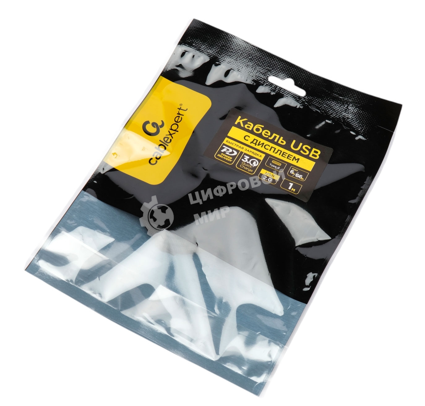 Кабель USB2.0 Cablexpert CCP-USB2-CMCM-SCR-1M, Type-C/Type-C, 6A, 66Вт, PD/QC3.0, дисплей, оплетка, медь, 1м, черный, пакет