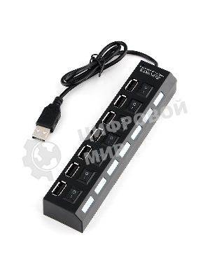 Разветвитель USB2.0 Gembird UHB-U2P7-01, 7хUSB, с доп. питанием, подсветка и выключатели, кабель USB 55 см, черный, коробка