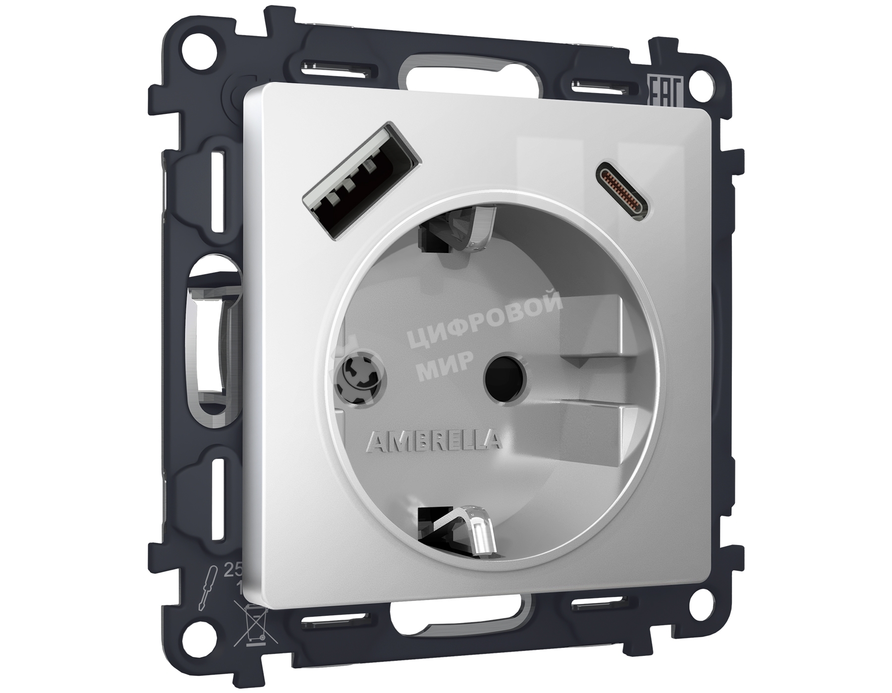 Комплект механизма электрической розетки ALFA Серебро глянец 2USB A+C 20W (быстрая зарядка) с/з QUANT (AP4100, VM160) MA410010