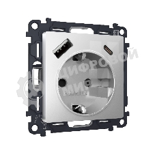 Комплект механизма электрической розетки ALFA Серебро глянец 2USB A+C 20W (быстрая зарядка) с/з QUANT (AP4100, VM160) MA410010