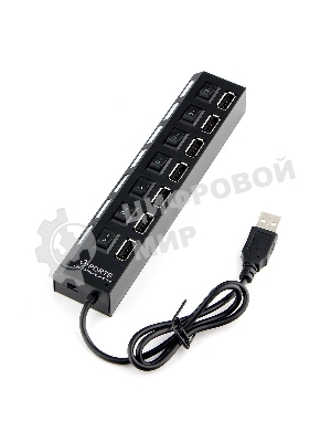 Разветвитель USB2.0 Gembird UHB-U2P7-01, 7хUSB, с доп. питанием, подсветка и выключатели, кабель USB 55 см, черный, коробка