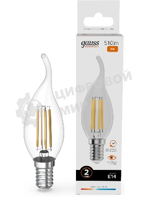 Лампа филам. Gauss Filament 8Вт цок.:E14 свеча св.свеч.бел.теп. (упак.:10шт) (42118)