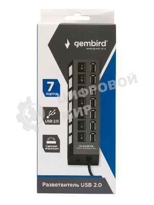 Разветвитель USB2.0 Gembird UHB-U2P7-01, 7хUSB, с доп. питанием, подсветка и выключатели, кабель USB 55 см, черный, коробка