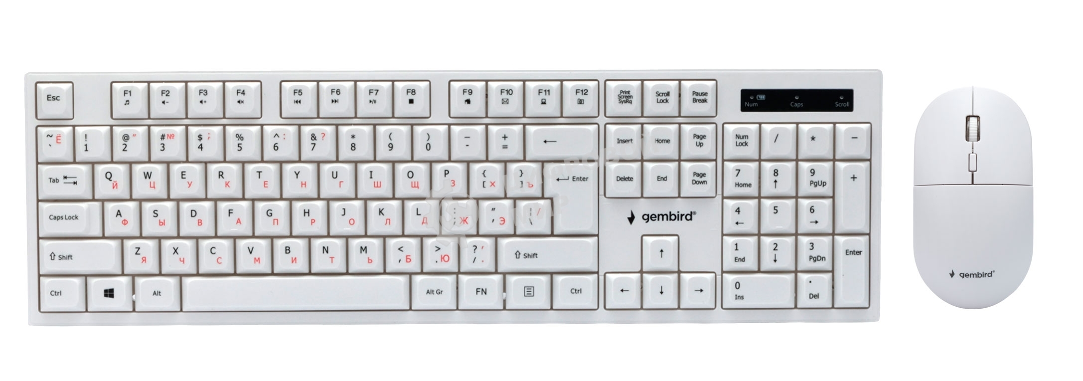 Комплект беспроводной клавиатура+мышь Gembird KBS-6000-W, 104кл+4кн, 12Fn, 800-1600 DPI, радиоканал, белый