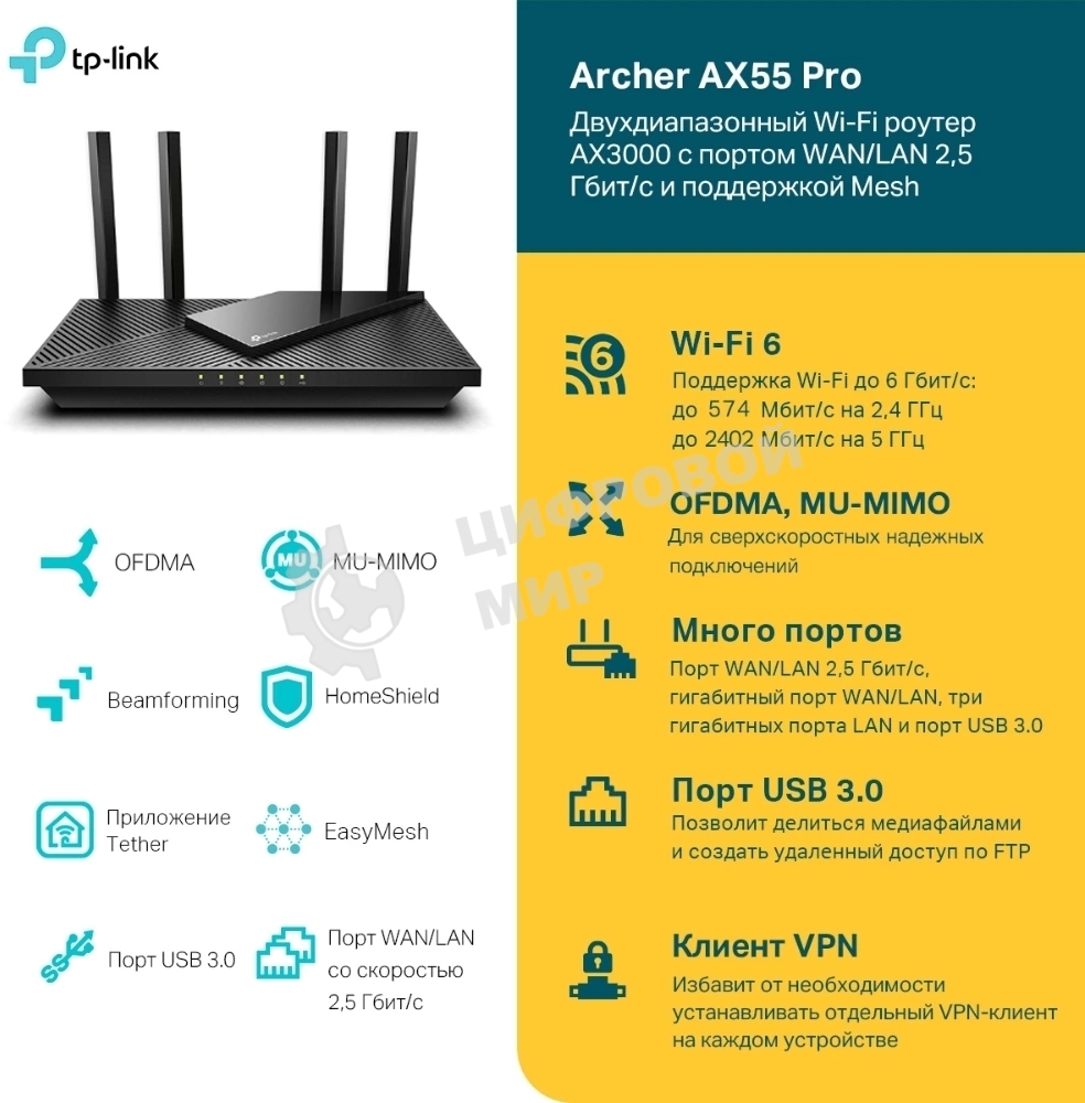 Двухдиапазонный гигабитный TP-Link Archer AX55 Pro AX3000 Wi-Fi 6 роутер