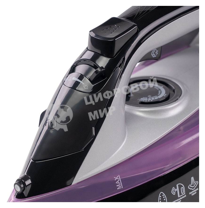 Утюг Galaxy Line GL 6128, фиолетовый с черным, паровой, 2200 Вт, постоянный пар 30 г/мин, паровой удар 140 г/мин, функции: самоочистка, антикапля, антинакипь, функция увлажнения, вертикальное отпаривание, защита от перегрева, индикатор нагрева, керамическ