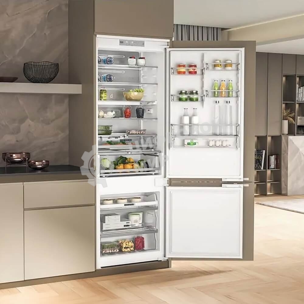 Холодильник встраиваемый Whirlpool WHSP70T241P 70 см, 193.5х54.3х69 см, 295/95 л, инверторный компрессор, автоматическая разморозка, зона свежести влажная, сенсорное управление, технология 6 SMYSL FreshControl, MultiFlow, FreezeControl, перенавешиваемые д