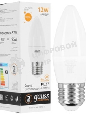 Лампа светодиодная Gauss Elementary 30212 12Вт цок.: E27 свеча 220B 3000K св. свеч. белый теп. (упак.: 10 шт)