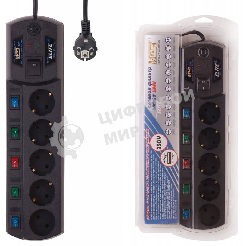 Сетевой фильтр Most EHV 2м, 5 розеток, черный, коробка