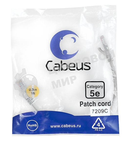 Шнур коммутационный Cabeus, Cat.5e, неэкр., U/UTP, RJ45/RJ45, PVC, AWG24, 0.3м, серый