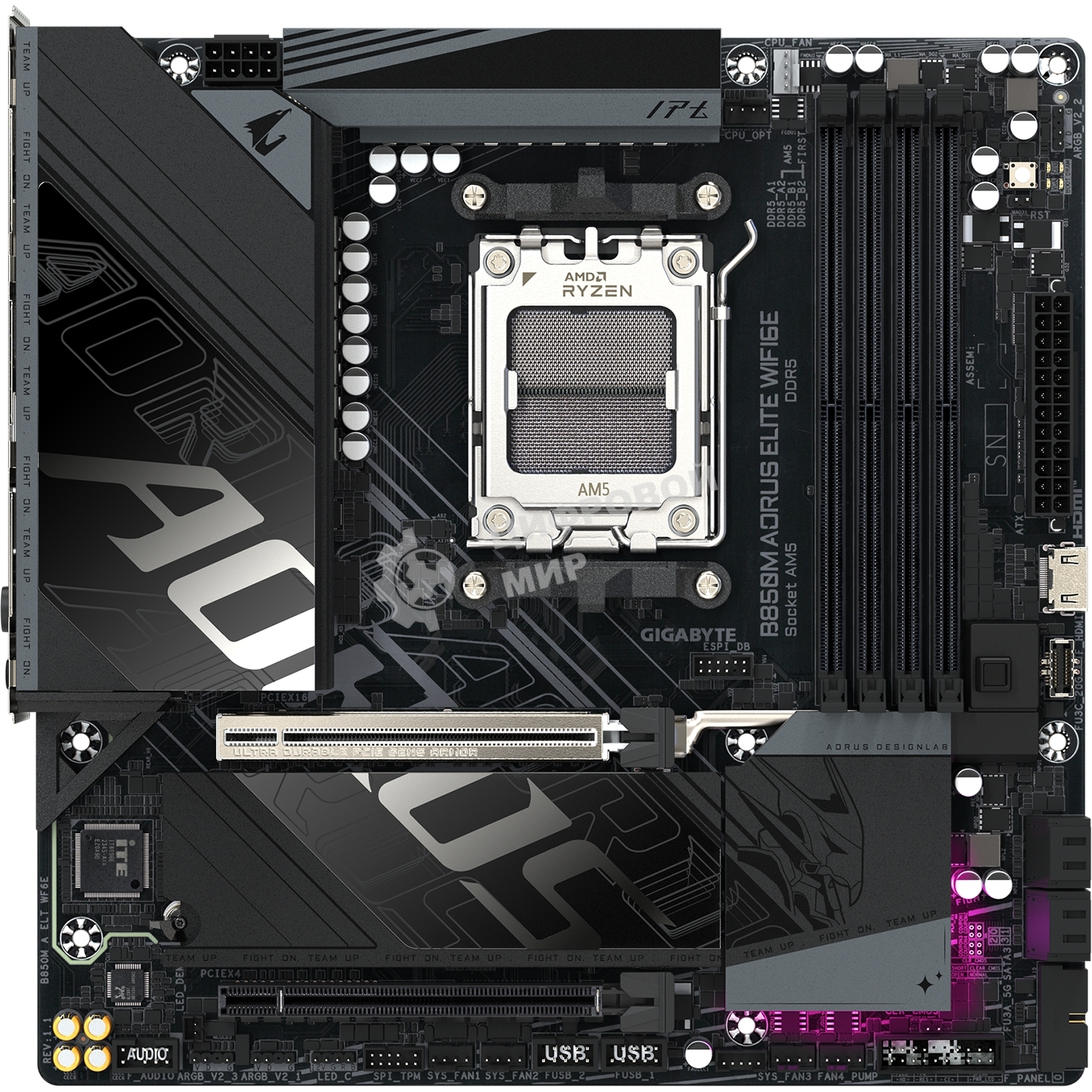 Материнская плата Gigabyte B850M AORUS ELITE WIFI6E, AM5, AMD B850, 4xDDR5, 4xSATA, 2xM.2, 1xPCIe 5.0 x16, 1xPCIe 3.0 x4, 1xDP (v1.4), 1x2.5Gb LAN, Wi-Fi 6E, Bluetooth 5.3, 2xUSB-C 10Gbps, 2xUSB-A 10Gbps, 5xUSB-A 5Gbps, 4xUSB-A 2.0, S/PDIF, 2x3.5 мм, 7.1, mATX