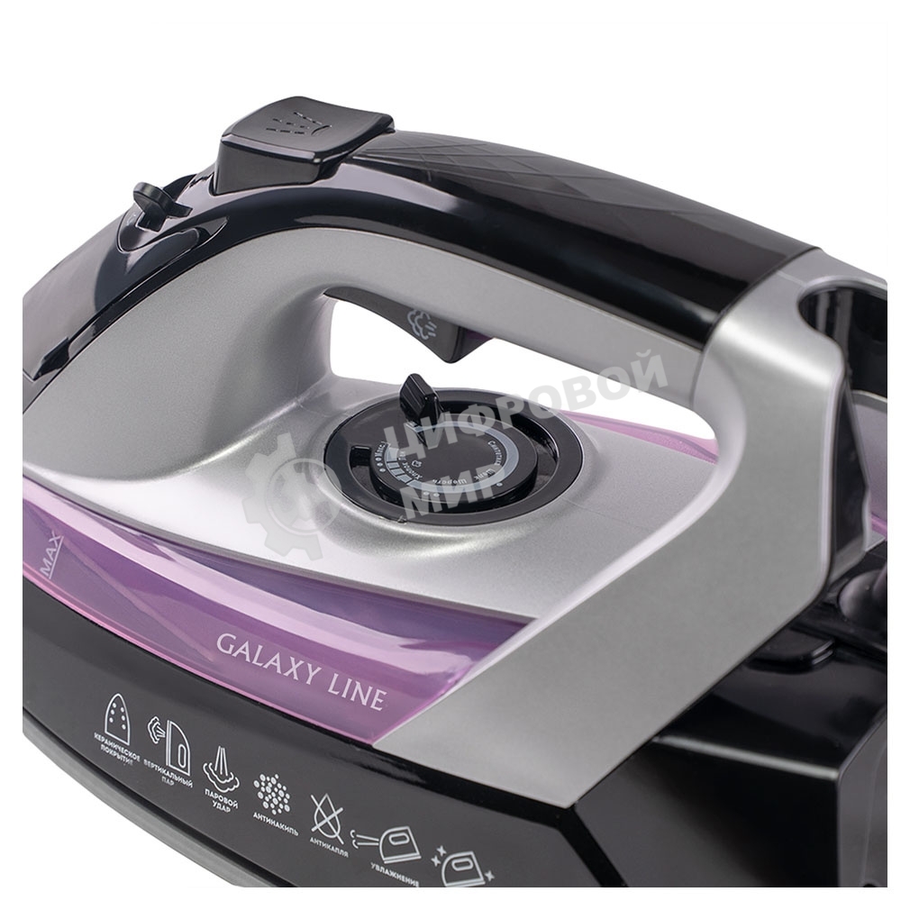 Утюг Galaxy Line GL 6128, фиолетовый с черным, паровой, 2200 Вт, постоянный пар 30 г/мин, паровой удар 140 г/мин, функции: самоочистка, антикапля, антинакипь, функция увлажнения, вертикальное отпаривание, защита от перегрева, индикатор нагрева, керамическ