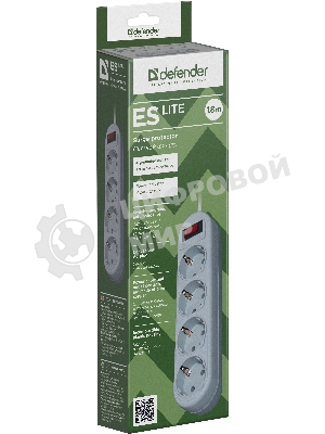 Сетевой фильтр Defender ES Lite, 1.8 м, 4 розетки, серый