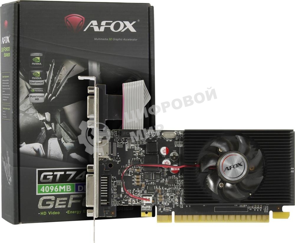 Видеокарта AFOX GeForce GT 740 Low Profile 4Gb (AF740-4096D3L3) 128Bit DVI HDMI VGA, Single fan