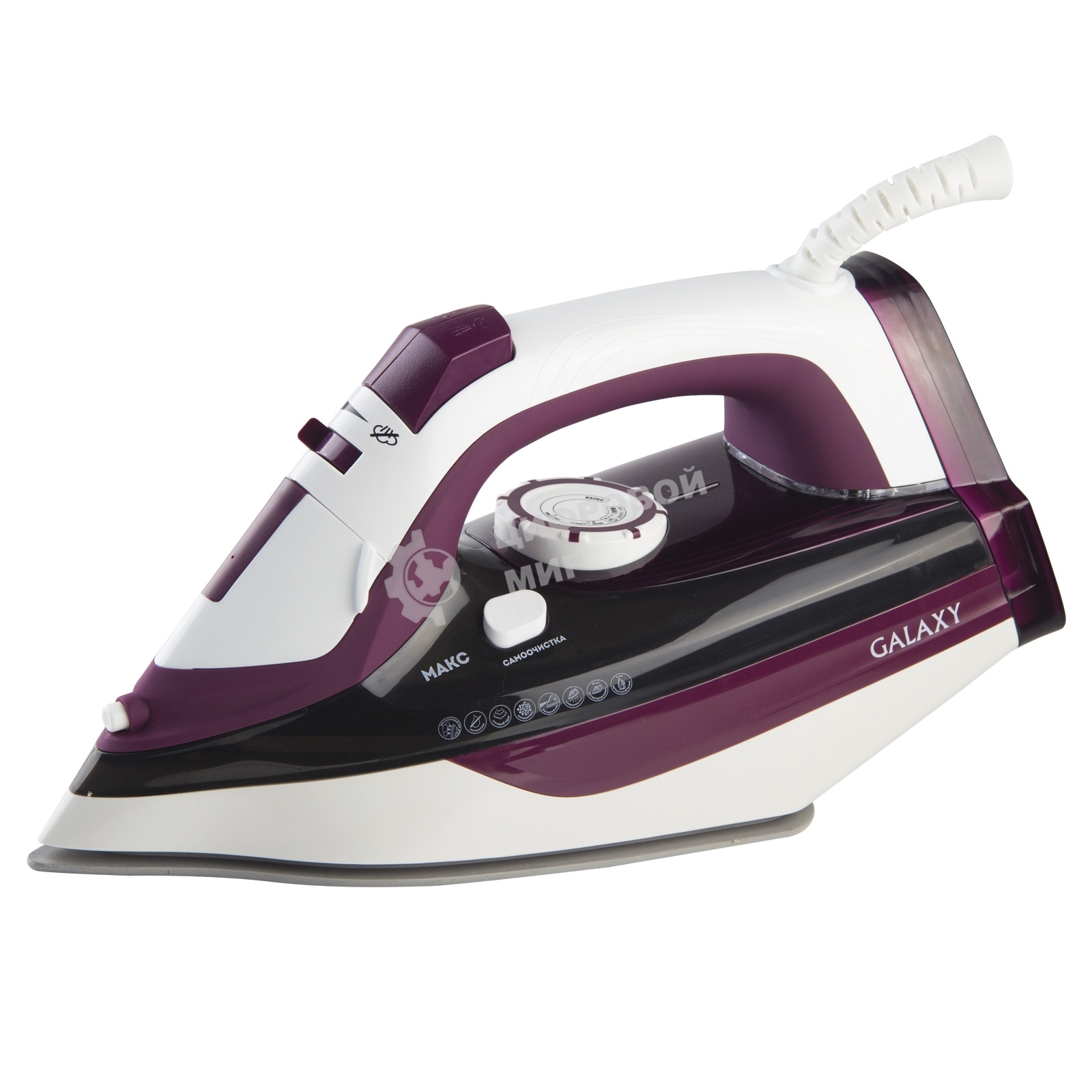 Утюг Galaxy Line GL 6108, бордовый с белым, паровой, 2400 Вт, постоянный пар 50 г/мин, паровой удар 230 г/мин, функции: автоотключение, самоочистка, антикапля, антинакипь, вертикальное отпаривание, индикатор автоотключения, индикатор нагрева, функция увла
